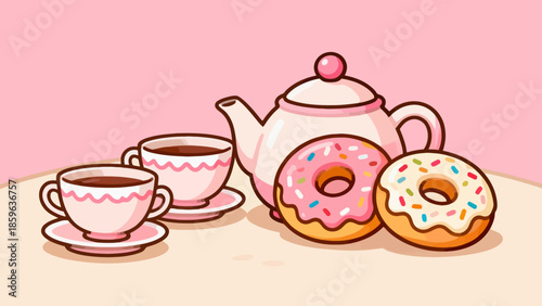 Tea and donuts on table
