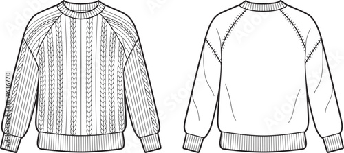 Cable knit sweater fashion illustration, front and back view, raglan sleeve design, technical drawing, garment construction, apparel template, vector sketch