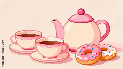 Pink tea set with donuts
