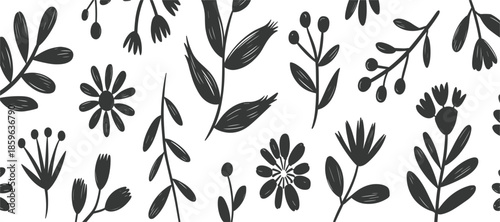 Seamless botanical pattern vector illustration, hand-drawn black floral background with wild flowers, leaves, and berries