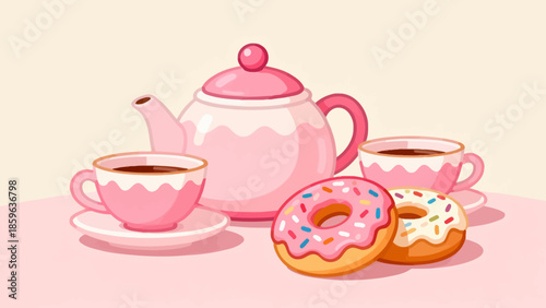 Pink tea set with donuts