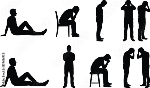 Depressed man silhouette set illustrating anxiety, sadness, mental health struggle, emotional stress, loneliness, psychology concept, isolated white background, minimal design