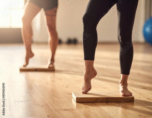 Two people performing calf raises on wooden blocks in a bright fitness studio