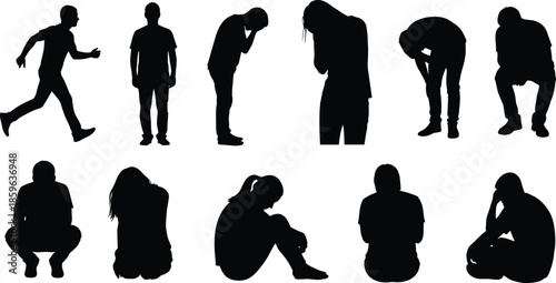 Depressed people silhouette set showing anxiety, sadness, mental health struggle, emotional pain, stress, trauma, loneliness, psychology concept, isolated background