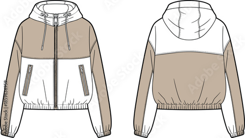 Colorblock hooded jacket technical illustration, front and back view fashion flat sketch sporty casual outerwear apparel design vector clothing template