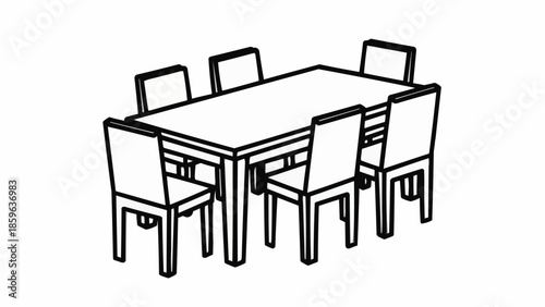 Simple Line Drawing of a Rectangular Dining Table with Six Chairs.
