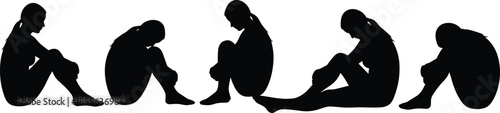 Depressed woman silhouette illustration showing loneliness, sadness, mental health struggle, anxiety, trauma, emotional pain, isolation, psychology concept, white background, minimal