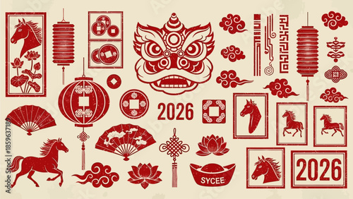 Chinese New Year 2026 Decorations Featuring Horse Symbols, Lanterns, and Lion Dance Head