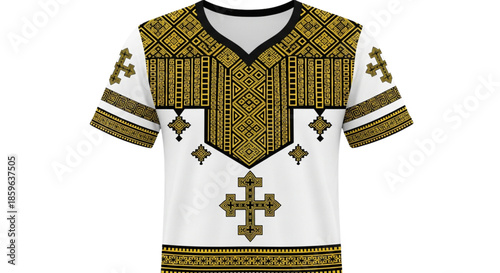 Ethiopian T-Shirt Design with Traditional Cross Pattern for Cultural Apparel Marketing