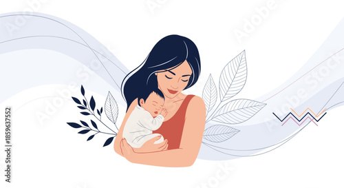 Mother cradles her sleeping baby in a tender embrace as soft abstract shapes and leaves provide a calm nurturing backdrop.