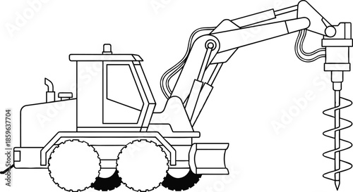 Construction drilling machine line art illustration with auger attachment industrial excavator vehicle isolated on white background engineering vector design