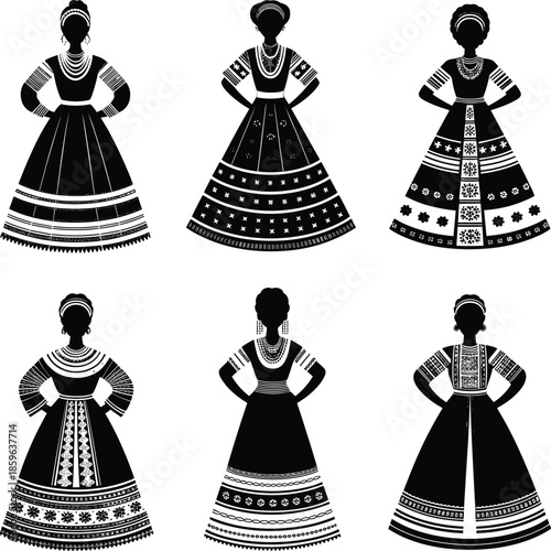 Six silhouettes of women in traditional folk dresses with intricate patterns