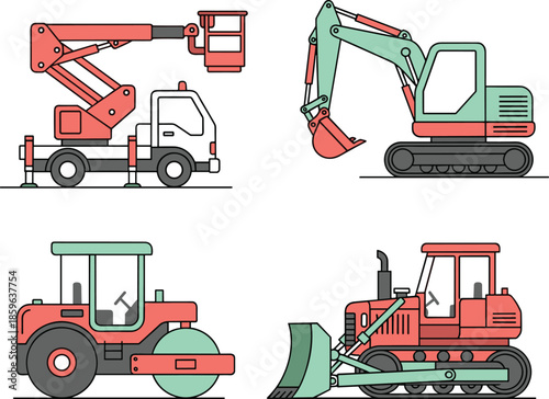 Construction machinery illustration set including excavator bulldozer roller and aerial lift vehicles isolated on white background industrial vector design