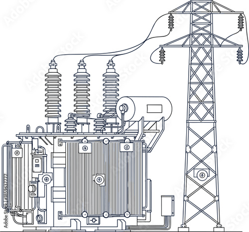 Industrial Power Transformer and High Voltage Electric Transmission Tower Vector Illustration for Energy Infrastructure, Electrical Engineering, and Grid Power Distribution