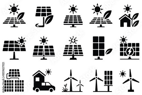 eco-friendly renewable energy icons vector set solar panels wind turbines sustainable power green electricity illustration clean energy design for environmental concept.