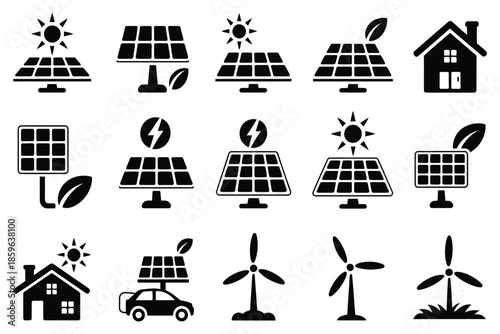 eco-friendly renewable energy icons vector set solar panels wind turbines sustainable power green electricity illustration clean energy design for environmental concept.