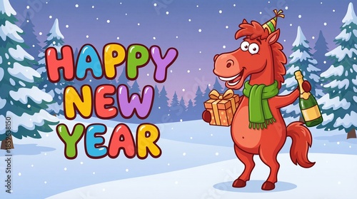 Funny red cartoon horse in a festive mood standing upright while holding a present and champagne with inscription “Happy New Year” against a snowy forest background with copy space