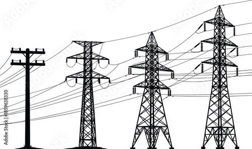 Set of high voltage power line silhouettes and electricity transmission towers icon collection for energy industry and utility infrastructure design