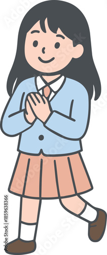A schoolgirl in uniform praying with her hands clasped together