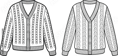 Knitted cable cardigan sweater illustration, front view fashion flat sketch, cozy winter apparel design, vintage knitwear concept artwork