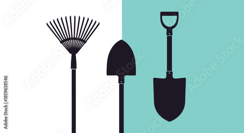 Minimalist illustration of three garden tools a rake a trowel and a shovel shown as black silhouettes against a split white and teal background.