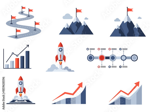 Business Growth and Success Elements Goal Setting Achievement and Progress Tracking Icons