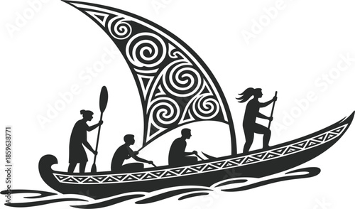 Traditional tribal sailing boat vector illustration, silhouette of ancient outrigger canoe with patterned sail and crew paddling