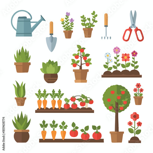 Vector illustration of gardening tools, potted plants, vegetables, and fruit trees