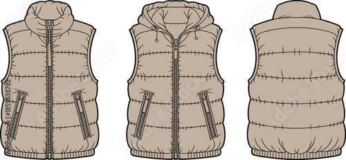 Padded vest fashion illustration, technical garment sketch, hooded and collar styles, zipper pockets, back view, brown outerwear design reference