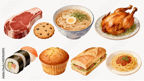 Assorted food items illustration