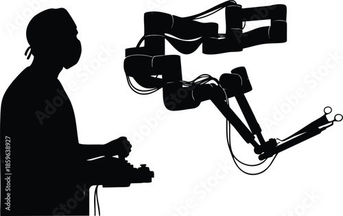 Surgery Robot: Silhouette of a surgeon using robotic arms for surgery. Future of medicine.