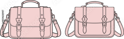 Pink leather satchel handbags side by side with top handles, detachable shoulder straps, contrasting buckle designs, detailed stitching, fashion comparison
