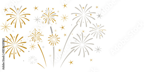Modern festive golden fireworks set with stars and sparks isolated on white background, icons vector illustration for Christmas, Happy New year, Holiday, Anniversary, Party, Diwali, Celebration BG
