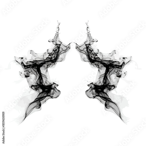 Symmetrical black smoke abstract art with wispy tendrils and dark swirling patterns on white background vector illustration