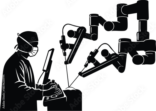 Robotic surgery illustration. Surgeon and robotic arms. Future of medicine.