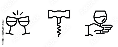 Wine glasses and corkscrew icons for wine tasting and service