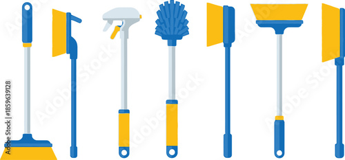 Set of 6 cleaning tools flat illustration broom mop bucket sponge spray bottle and dustpan