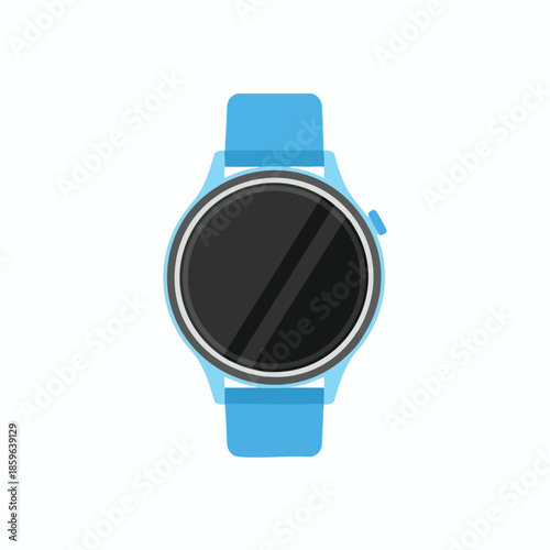 A digital smartwatch with a round black screen and light blue strap