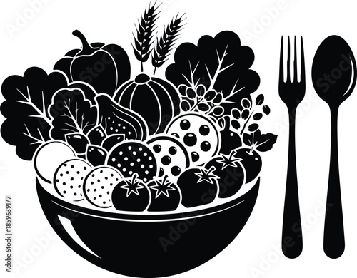 Healthy salad graphic. Bowl of vegetables, fork and spoon. Vegetarian meal.