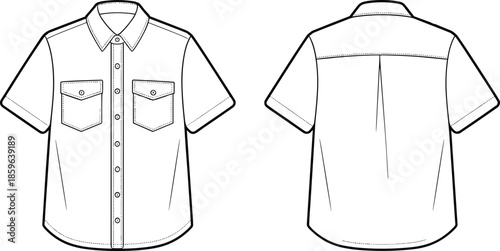 Short sleeve button-up shirt sketch, front and back views, chest pockets, collar detail, pleats, technical fashion design illustration