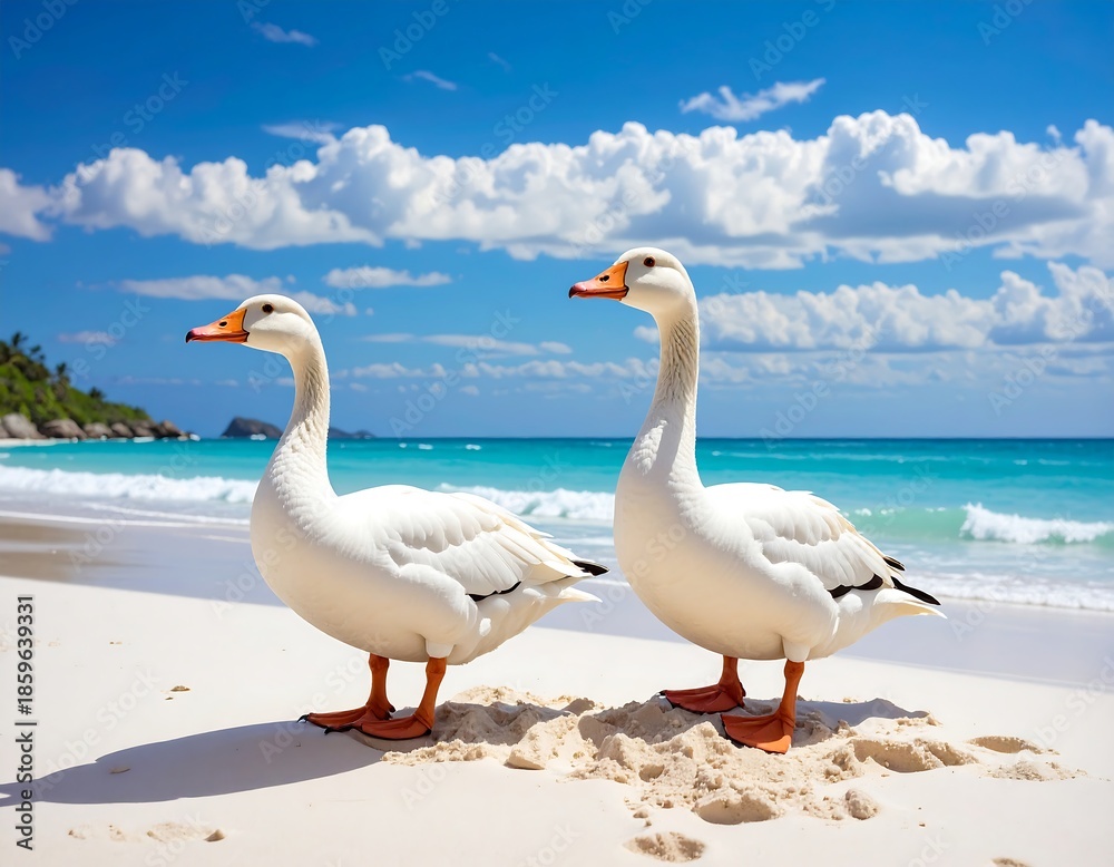 Obraz premium Two white geese on a sunny beach
