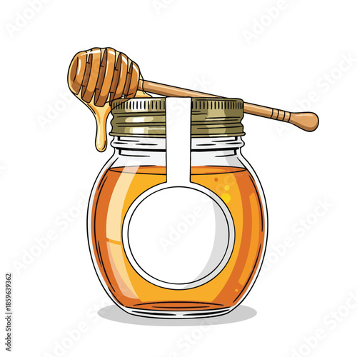 Cartoon jar of honey with dipper dripping honey, and a blank label
