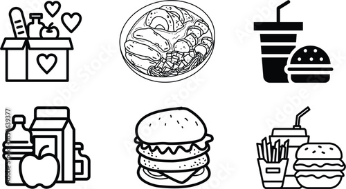 Food Donation and Fast Food Icons Set – Healthy Meals, Grocery Box, Burgers and Drinks