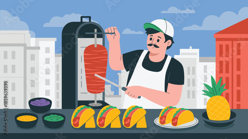 Mexican taco vendor preparing tacos al pastor at urban street stall, modern flat vector illustration for Latin food, street cuisine, and culinary culture projects.