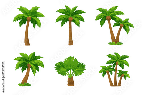 Digital Illustration of Six Stylized Palm Trees on a Green Gradient Background