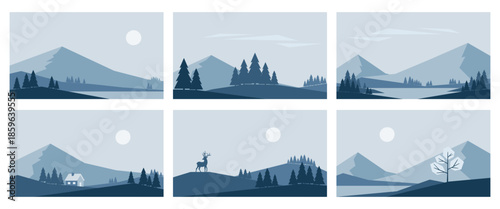 Minimalistic winter mountains landscapes set. Vector illustrations in blue colors