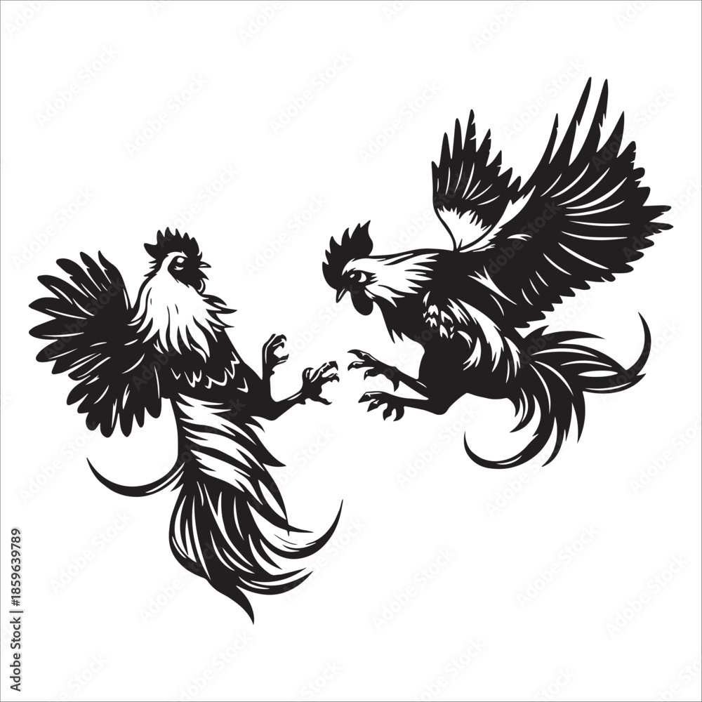 Obraz premium Rooster Fight Illustration In Mid Air