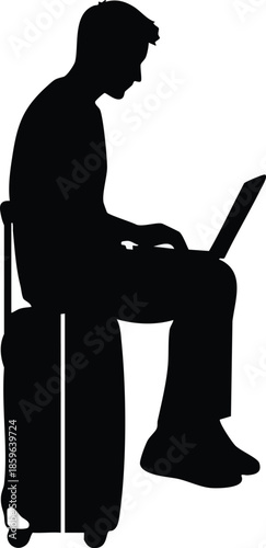 Silhouette of a person seated with a laptop. Represents productivity and travel themes. Concept of remote work.