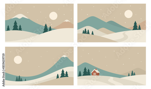Minimalistic winter landscape illustrations. Vector design in Scandinavian style