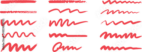 Red marker brush strokes vector set, hand drawn highlighter lines and wavy scribble underline collection on white background